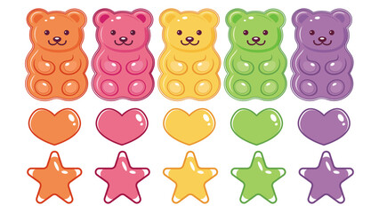 Fototapeta premium Colorful gummy bear icon set with candy hearts and stars