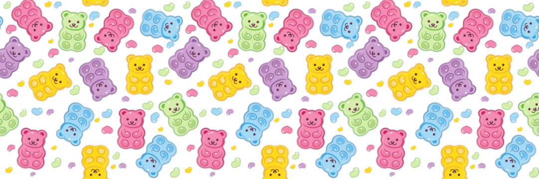 Seamless colorful gummy bear pattern with cute candy bears and hearts