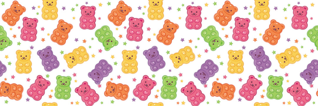 Seamless colorful gummy bear pattern with cute candy bears and stars