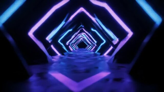 Futuristic geometric tunnel with glowing neon lights and reflective floor.