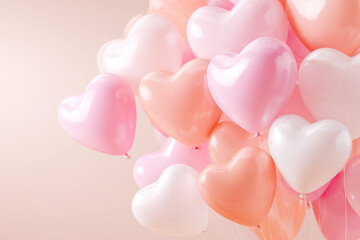 Heart-shaped balloons in soft shades of pink, white, and peach, creating a dreamy romantic atmosphere