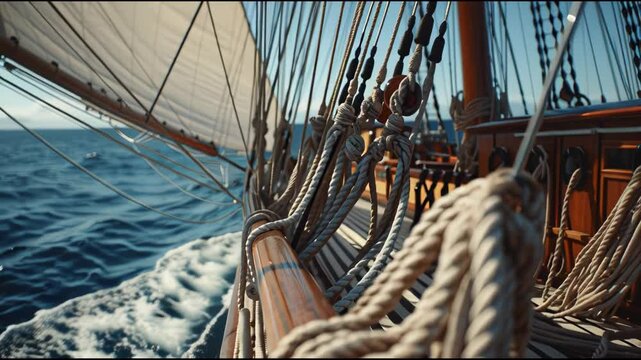 Close-up of thick ropes on a sailing ship at sea.