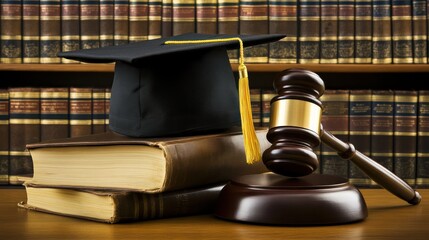 graduation cap atop law books and gavel, representing legal education, jurisprudence and the pathway to a career in legal profession