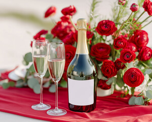 Romantic celebration setting with sparkling wine bottle with blank label, flutes, and lush red flowers on red tablecloth