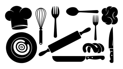 Stylish silhouette set of professional cooking tools and essential kitchen utensils, perfect for illustrating culinary themes and food preparation concepts
