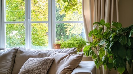 a comfortable indoor ambiance blending natural elements with interior design through a large window and sofa with plants for relaxation