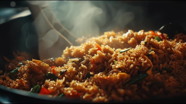 Delicious Fried Rice Being Cooked in a Wok.