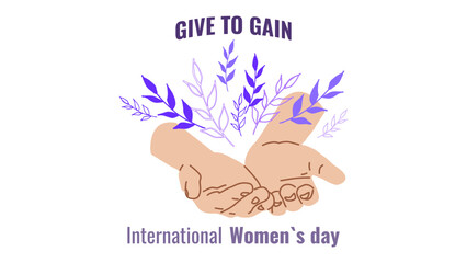 Give To Gain International Women Day Equality Through Generosity empower. Generosity as a path to gender equality. For ads web design marketing, and social campaigns. vector illustration.