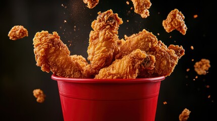 crispy golden fried chicken wings overflowing a red bucket with flying pieces of flavorful perfection on a dark background scene, food fantasy