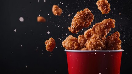 enticing display of freshly fried chicken pieces in a vibrant red bucket against a dark background, highlighting texture and deliciousness