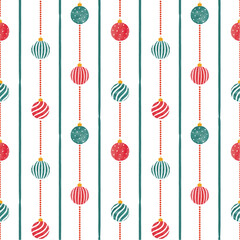 Hanging Christmas balls seamless pattern. Holiday watercolor background, wrapping paper