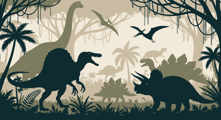 Silhouettes of various dinosaurs in a prehistoric jungle landscape with trees and plants.