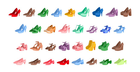 High heel shoe women color set. Stiletto pump peep toe Mary Jane, platform sandal wedge mule collection in bright palette. Fashion footwear chart, trend guide, flat vector illustration for design.