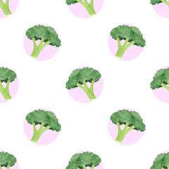 Polka dot food pattern with broccoli. Vector vegetable print