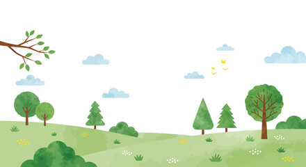 Fototapeta premium Illustration of a peaceful green landscape with trees, clouds, and a clear sky.