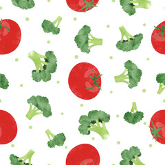Seamless watercolor vegetable pattern with broccoli and tomatoes