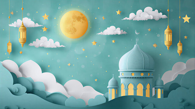 Ramadan Night Vector Illustration with Full Moon, Mosque, and Golden Lanterns in Blue Paper Cut Style.