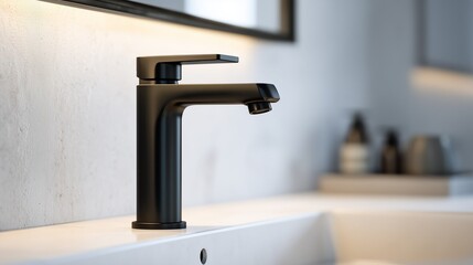 Modern black faucet in a bathroom sink with soft lighting and minimalistic decor plumbing