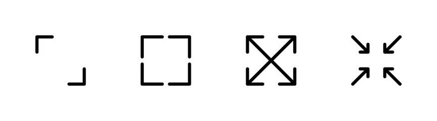Outline fullscreen and minimize icon set, Screen expand and exit symbols, Video player view controls, Focus and crop graphic, Line art vector collection