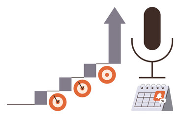 Business strategy, goal tracking, planning, content creation, marketing, analytics. Steps climbing upward with targets, microphone and calendar. Business strategy and goal tracking