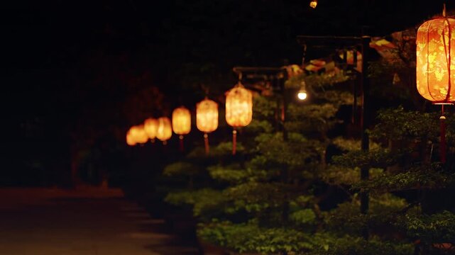 Row of Orange Lanterns Hanging Above Bonsai Trees at Night with Soft Ambient Glow and Wide Angle expressing Festive Garden Concept