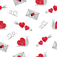 Seamless Valentines pattern with love letters, arrows and hearts. Watercolor vector illustration