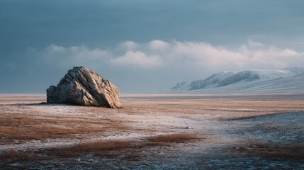 Large Rock in Snowy Field Under Cloudy Sky with Distant Mountains boulder stone