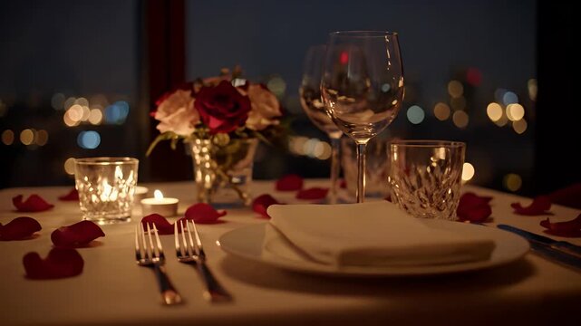 Cinematic Pan Intimate Romantic Dinner Table Setting for Two, Glowing Candlelight and City Lights, Warm Golden Red Hues