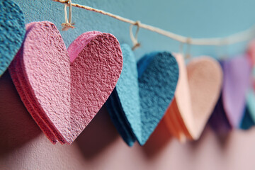 Handmade Paper Hearts on Twine String Garland Close-Up with Textured Surface Craft Decoration