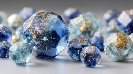 Translucent Blue Resin Gemstones with Gold Flakes Arranged on Gray Surface Handmade Jewelry Concept