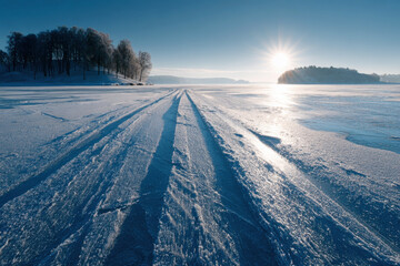 Frozen Lake Winter Landscape with Sunburst Ice Tracks and Snow Covered Trees Scandinavian Nature