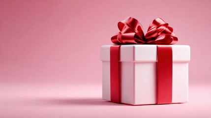 Pink Gift Box with Large Red Satin Bow on Pink Background Copy Space