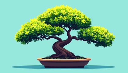 Artistic Bonsai Tree Illustration with Lush Green Canopy and Twisted Trunk.