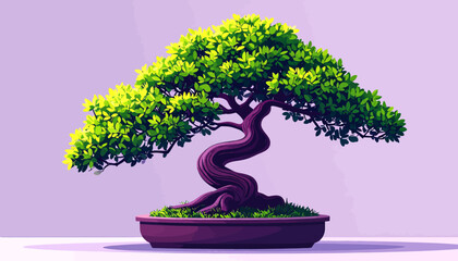 Artistic Bonsai Tree with Lush Green Foliage and Twisted Trunk.