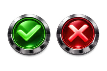 Glossy green tick symbol and red x mark inside metallic round frames, representing approval, denial, right, or wrong
