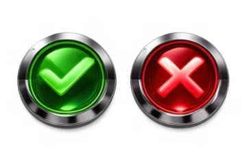 Glossy green tick symbol and red x mark inside metallic round frames, representing approval, denial, right, or wrong