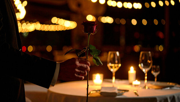 A Romantic Gesture: A man, illuminated by soft candlelight, extends a vibrant red rose, setting a scene of romance, intimacy, and the promise of a memorable evening. Valentine. Generative AI.