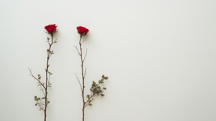 Two red roses on long stems against clean white background with elegant minimal floral composition for romantic concept