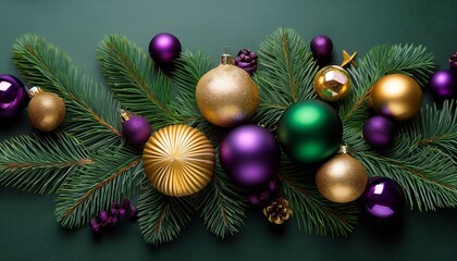 Elegant Christmas Decorations In Green Purple And Gold On Fir Branches