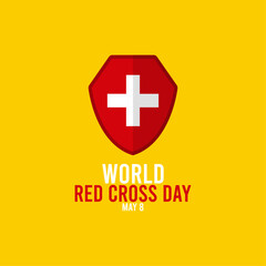 Obraz premium World red cross day. May 8. Red cross shield on a yellow background. Flat design vector illustration. Poster or banner.