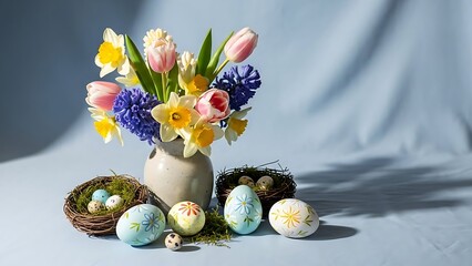 Spring Blooms and Easter Delights: A vibrant still life features an arrangement of spring flowers, a symbol of rebirth and new beginnings, surrounded by artfully decorated eggs and delicate nests.