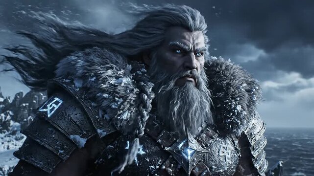 Epic Battle Preparation, Warrior Character, Frozen Landscape, Digital Art, Dramatic Sky, Close-Up View, Fantasy Theme