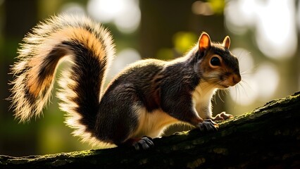 Obraz premium A cute, fluffy squirrel is sitting attentively on a thick, rugged tree branch in a forest, holding a nut or seed in its paws