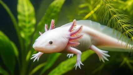 Adorable white axolotl with feathery gills swimming gracefully underwater amidst lush green aquatic plants