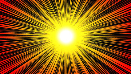 An abstract orange and yellow sunburst background features a bright star explosion with warm summer rays and shining light beams in a vibrant vector illustration design