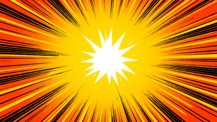 Vibrant abstract sunburst vector illustration featuring bright yellow and orange rays of light exploding from a glowing summer sun to create a warm energy design with a hot sunrise beam