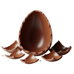 Obraz premium macro studio shot of a broken, hollow milk chocolate easter egg half and jagged fragments, illuminated by bright even light on a white surface. concept of holiday indulgence