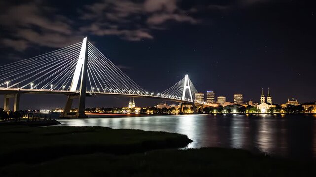 4K Video: Cable-stayed bridge and city skyline sunset time-lapse