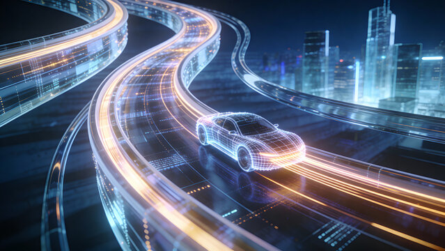 Futuristic self-driving car with glowing lights travels on digital highway through illuminated urban cityscape at night, showcasing smart mobility and urban technology.