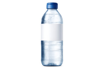 Naklejka premium Plastic water bottle with blue cap and blank white label for branding mock-up, illustrating hydration and refreshment on transparent background